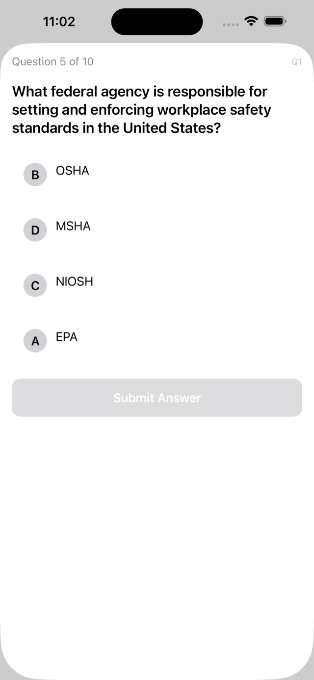 Question screen with detailed OSHA standard explanation